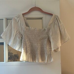 Lulu's Cream Smocked Blouse with Flutter Sleeves